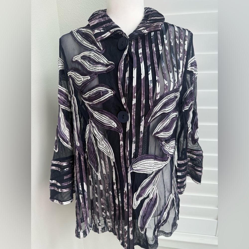 Chico's Black/Navy and Purple Sheer Blouse size 1